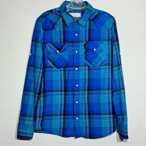Ditch Plains Womens Plaid Pearl Snap Button Down Shirt 100% Cotton